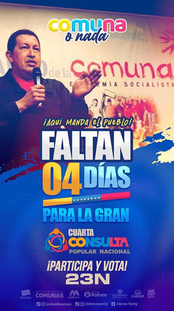 AlexaMargRevo's tweet image. ¡La cuenta regresiva comenzó!

📆 Faltan 4 días para que el pueblo hable en la Consulta Popular.

 ¡Vota este 23N y defiende tu comuna!

#ComunaONada ✊