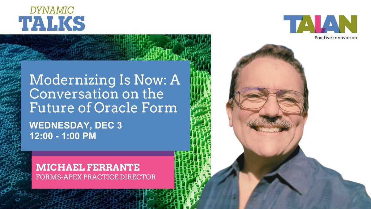 TalanOracleTech's tweet image. The future of Oracle Forms is here. Join Michael Ferrante, as he shares what modernization really means in our live webinar,  Modernizing Is Now: A Conversation on the Future of Oracle Forms  

Wednesday, Dec 3 12:00-1:00 PM EST 

talan.com/americas/en/fo… 
#FormsModWeek