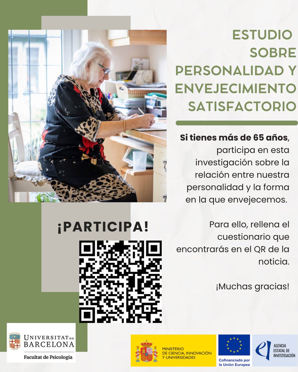 Participa en el proyecto PerSa! 
Si tienes 65 o más años nos gustaría conocer tu opinión sobre la relación entre nuestra personalidad y la forma en la que envejecemos. 
Para participar solo tienes que rellenar el siguiente cuestionario:
ubpsychology.eu.qualtrics.com/jfe/form/SV_0S…
!Muchas gracias!