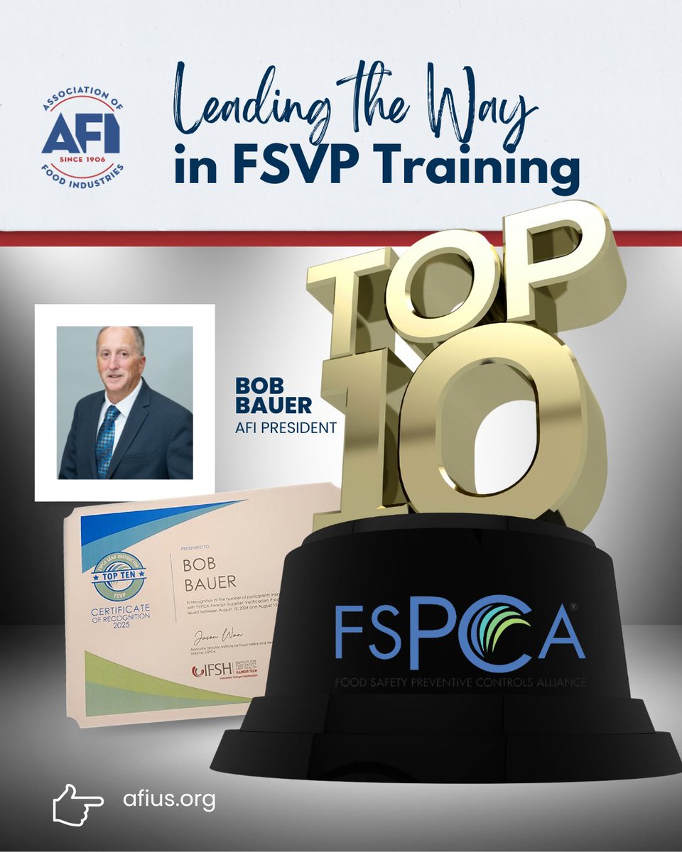 Congratulations to Bob Bauer, president of AFI, for once again being recognized among the Top 10 FSPCA Lead Instructors for number of successfully trained participants &amp; issued FSPCA Foreign Supplier Verification Programs certificates.
 #FSPCA #FSVP  #Training  #FoodSafety  #AFI