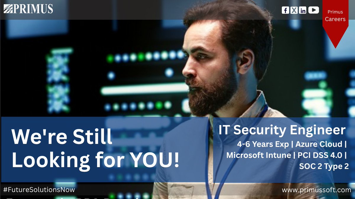 PrimusSoftCorp's tweet image. #Primus is looking for professionals who can secure #AzureCloud &amp;amp; #Intune environments while maintaining top-tier compliance with #SOC2Type2 &amp;amp; #PCIDSS 4.0 standards.  #JoinPrimus to be part of a team that builds trust through technology.   

Apply: abhishek.tiwari@primussoft.com