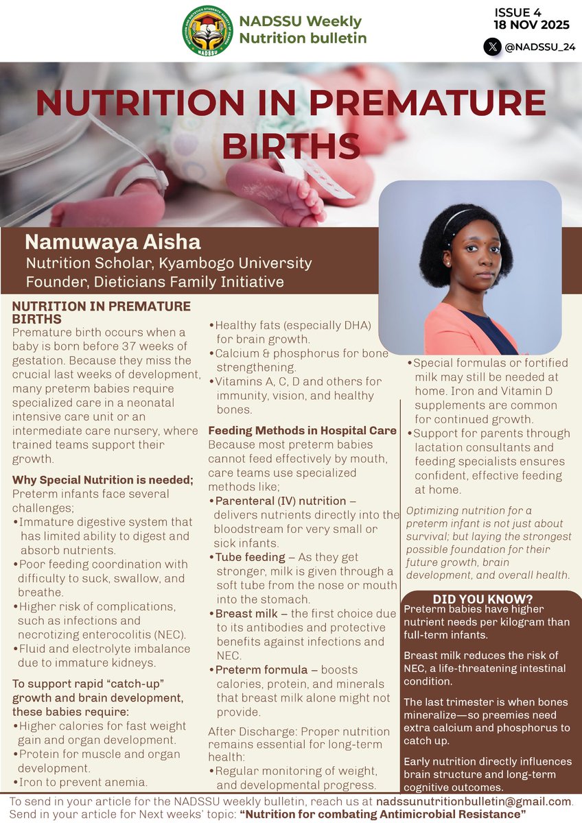 NADSSU_24's tweet photo. As we marked World Prematurity Day, we still emphasize the importance of nutrition in the care of premature infants. From supporting organ maturation, preventing infections to promoting growth, nutrition remains key in supporting the vulnerable infants.
#WorldPrematurityDay https://t.co/rCOBAsvou0
