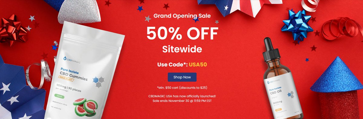 CbdMagic67's tweet photo. 🥳🎉🥳🎉🥳🎉🥳
GRAND OPENING SALE for CBD Magic USA! 🇺🇸🇺🇸🇺🇸

#CBDSale #CBDGummies #CBDLife #CBDCommunity #CBDDeals #CBDDiscount #CBDProducts #CBDWellness #HempLife #HempWellness #NaturalCalm #CalmVibes #RelaxNaturally #WellnessDaily #SelfCareSale 

👉👉👉 https://t.co/oUsfysV8Ui https://t.co/QsDUSqsTeE
