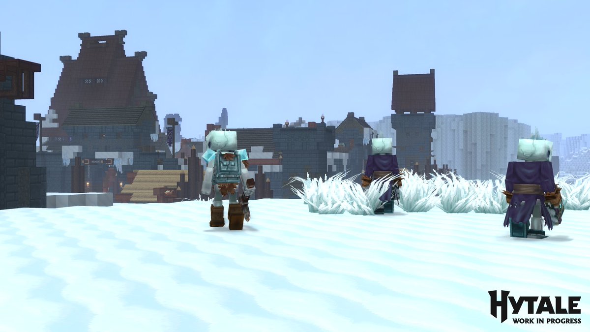 Hytale's tweet image. Ice-covered skeletons discover an Outlander village in this cold and unforgiving landscape... #Hytale
