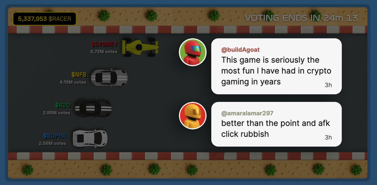 $RACER 的新用户引导流程，注意力持续时间如同金鱼一般短暂

1. 买入 $RACER
 2. 将 $RACER 兑换成你的团队币
3. 玩小游戏，升级，收集积分，在聊天室里尖叫
4. 去搞砸排行榜