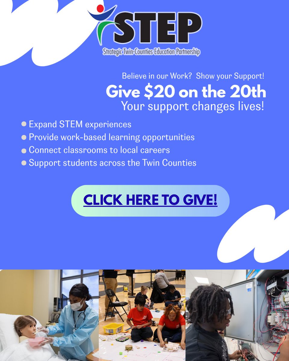 STEPNC252's tweet photo. Today’s the perfect day to give back!  Give $20 on the 20th to help STEP continue connecting students with hands-on learning and career opportunities.
Give here:https://t.co/8VOWm8lOLs
#studentsuccess #workbasedlearning #STEM #LocalOpportunity #CommunityImpact https://t.co/kf6IGFEqgE
