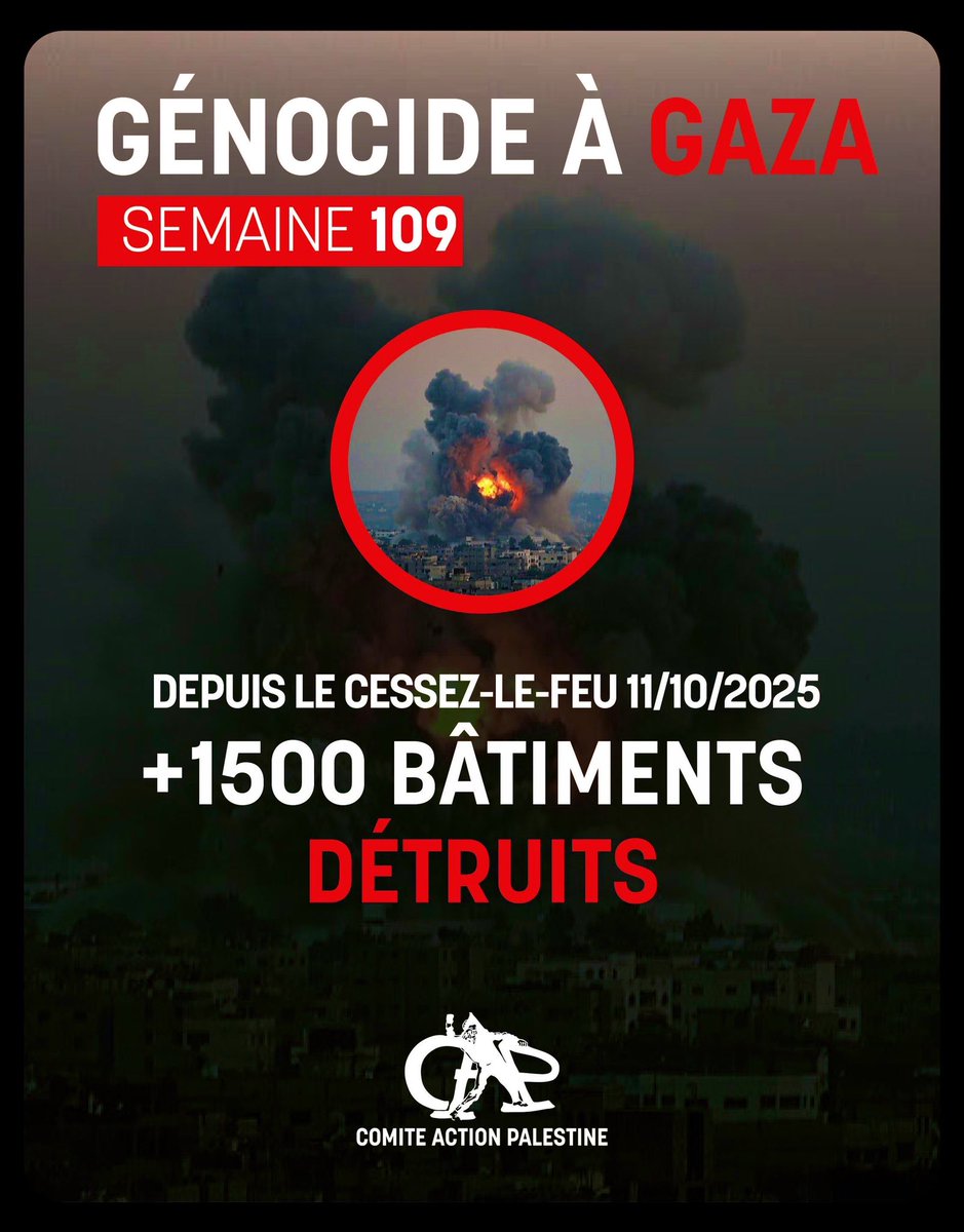 ComiteAction's tweet image. 1/4 GÉNOCIDE À GAZA
Semaine 109 
Depuis le cessez-le-feu du 11 octobre 2025, l’occupation a tué 266 civils, blessé 635 personnes et 548 corps ont été retrouvés sous les décombres.
Plus de 1 500 bâtiments civils détruits, y compris bien au-delà de la « ligne jaune »⤵️
#Gaza
