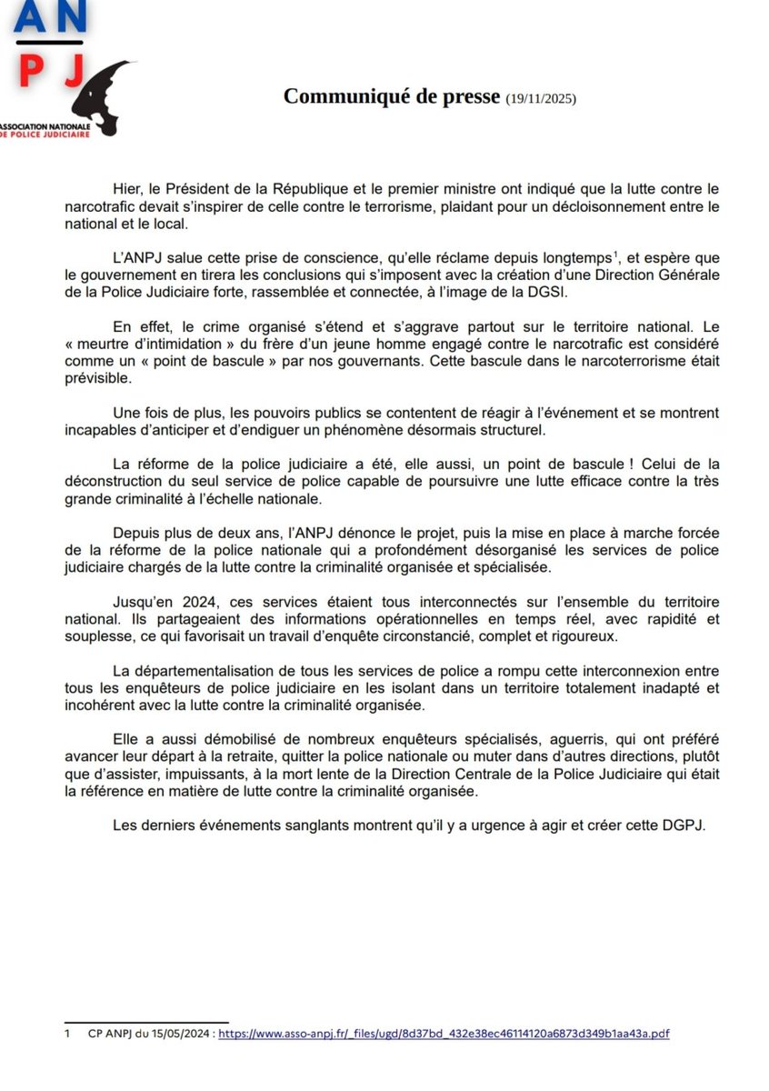 "La bascule dans le #narcoterrorisme était prévisible". L'#ANPJ appelle une nouvelle fois à la création d'une #DGPJ pour enrayer les conséquences de la réforme sur les services de #Police luttant contre la crim'org.