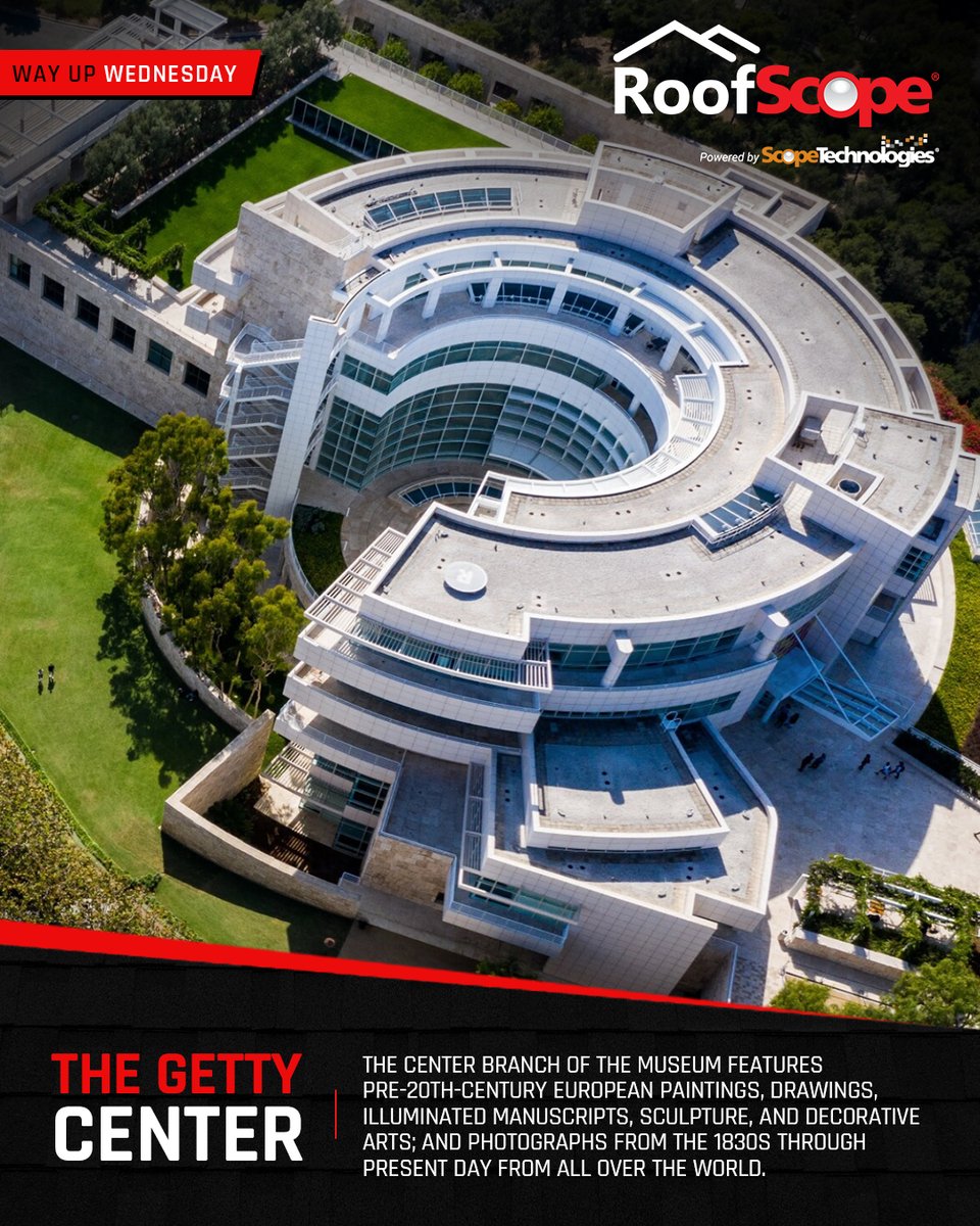 roofscope's tweet photo. #WayUpWednesday takes us over The Getty Center in Los Angeles. A landmark known for its modern architecture, hillside design, and world-class art. A perfect example of how precision and craftsmanship shape great structures.

#RoofScope #ScopeTechnologies #TheGettyCenter #LA https://t.co/1Tl3XHKm5c