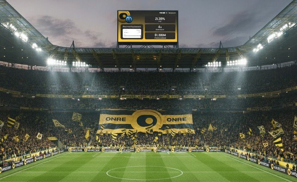 Promotional image of a stadium with ONRe banners and ONyc yield stats on the scoreboard