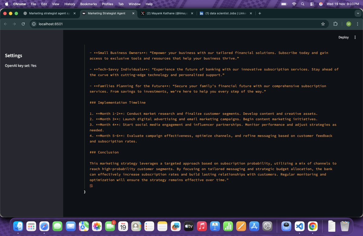 iimayank45's tweet image. Agent 2 done! Strategy module up and running. 3 more agents coming soon. 🚀🤖
#AI #AgenticAI #MultiAgentSystems #OpenAI #BuildInPublic