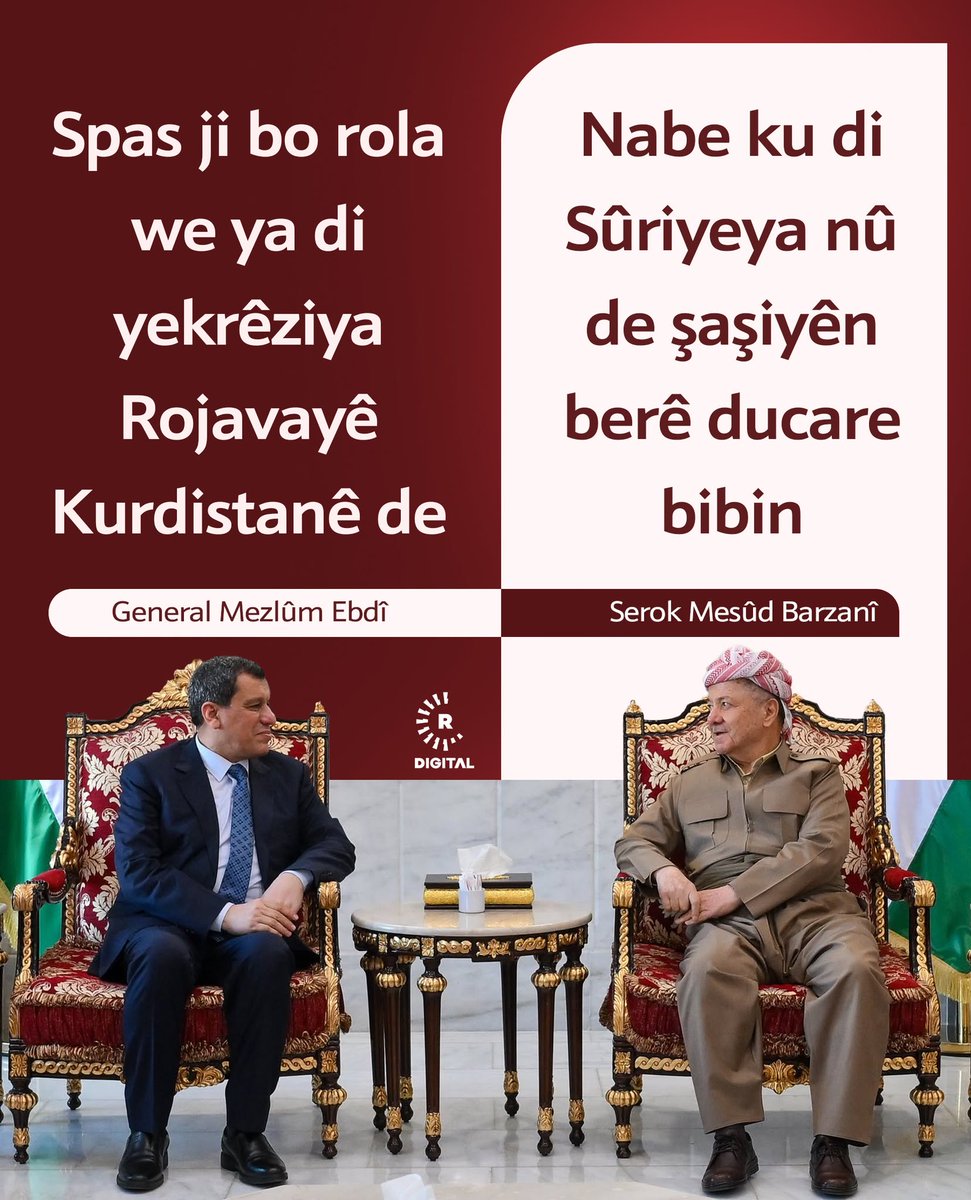 RudawKurdi's tweet image. #GRAFÎK - Serok Mesûd Barzanî: Nabe ku di Sûriyeya nû de şaşiyên berê ducare bibin

Fermandarê Giştî yê HSDyê Mezlûm Ebdî: Spas ji bo rola we ya di yekrêziya Rojavayê Kurdistanê de

#Rojava #HSD