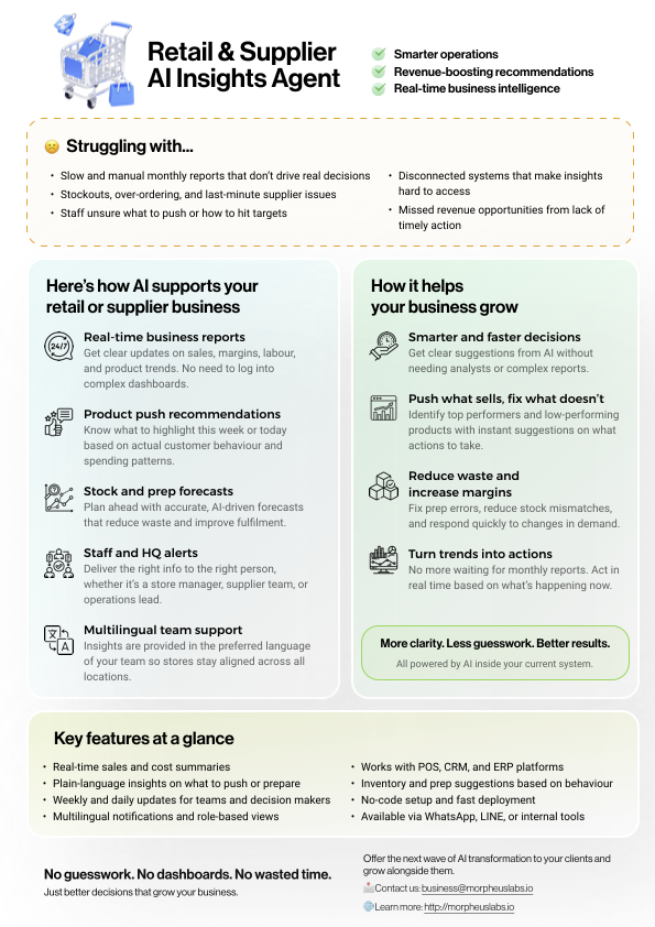 morpheuslabs_io's tweet image. Retail and supplier teams are drowning in data but not necessarily getting decisions out of it.

Across the F&amp;amp;B, retail and distribution sectors, studies consistently highlight the same operational gaps:
• Monthly reporting cycles create delays in decision-making
• Stock and…