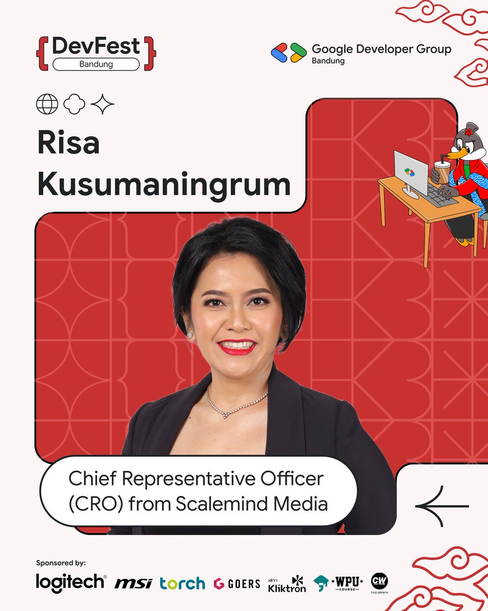 GDGBandung's tweet image. Meet Risa Kusumaningrum – CRO Scalemind Media
She’ll share how media &amp;amp; tech bisa empower komunitas developer 🚀
Creativity meets technology di #DevFestBandung2025 🍵
#GoogleDevFest #BandungTech #SpillTheTechTea #GDG #WomenInTech #Web3 #CloudComputing #DeveloperLife
