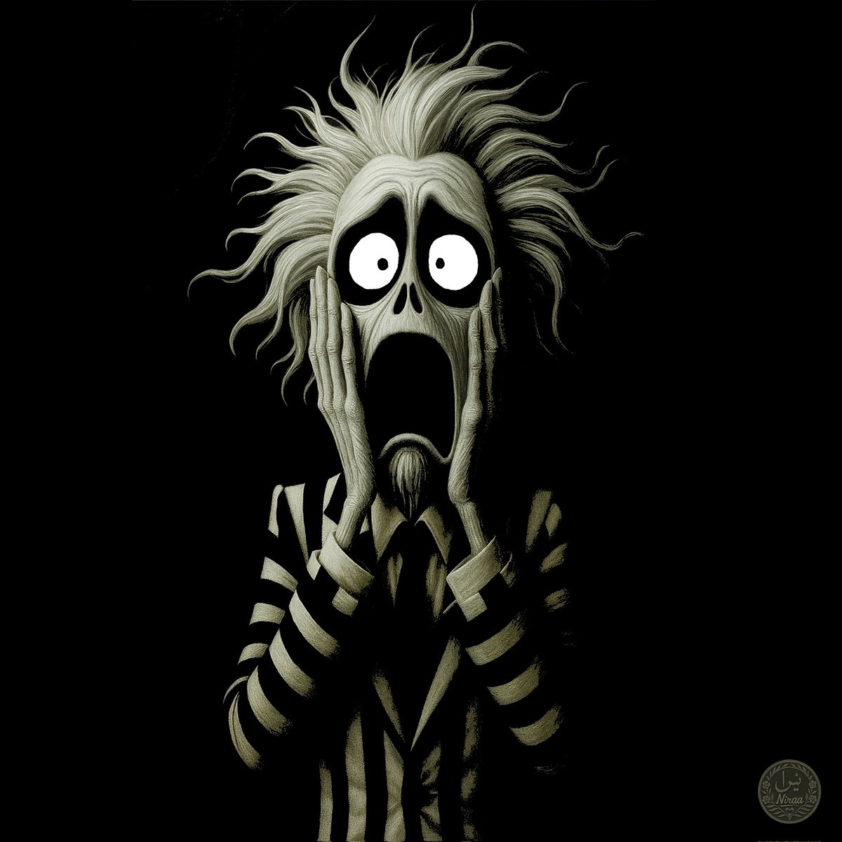 artemoj8's tweet photo. Beetlejuice Scream
When Beetlejuice meets Munch in a midnight meltdown—chaos wears stripes and screams in Style.  
#MythicMeltdown #SurrealShriek  
#Facequake #ScreamSpirit  
#SymbolicScream #DarkWhimsy   #PalePanic #objkt #ArtOfHorror  
#Scream #scary #NFTs
#EmotionalDistortion https://t.co/LvwPI0q2Sb