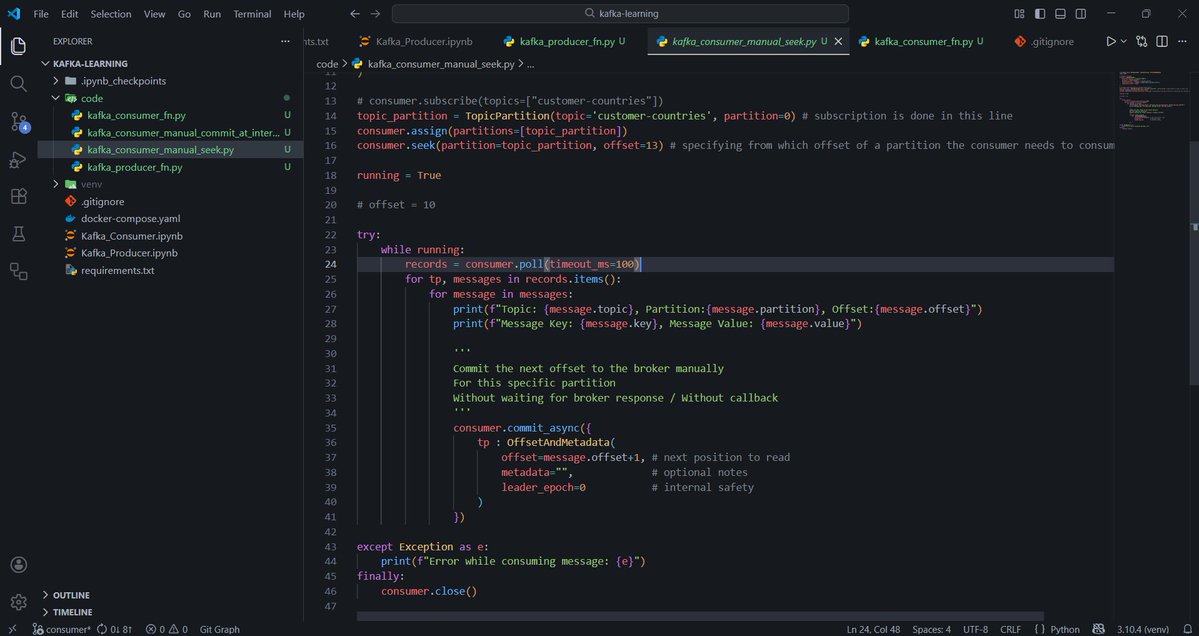SrujanGowda_10's tweet image. Day 37/180

Explored key concepts of Kafka-Consumer today
- consuming messages using poll() 
- Manual offset commits (sync &amp;amp; async) 
- reading messages from specific partition offsets
#Dataengineering #apachekafka