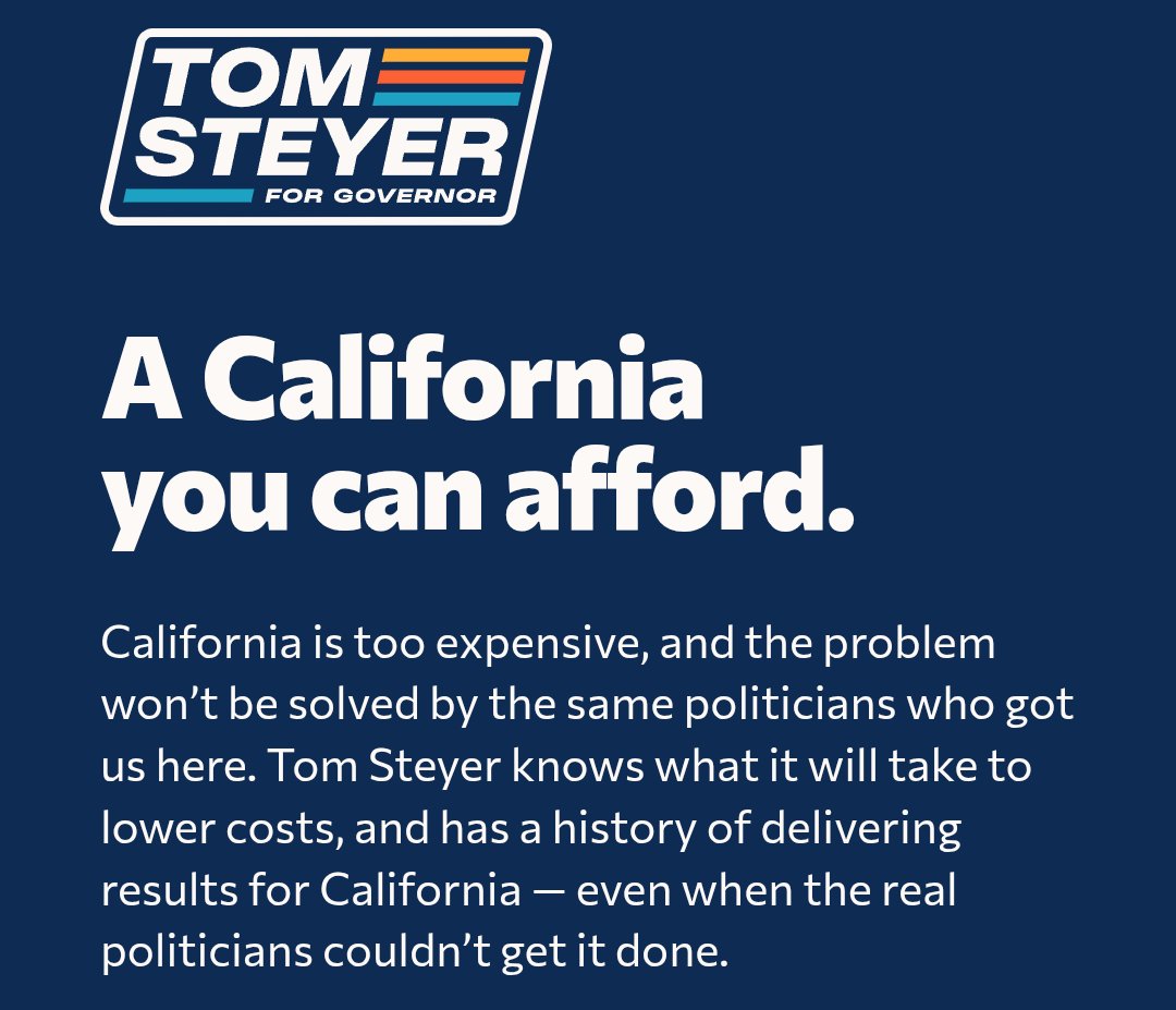 joffemd's tweet image. Odd that a guy who has made life in California more expensive by advocating costly net-zero policies is running for Governor on the affordability issue.

Steyer can argue that clean energy is cheaper, but, if it was, people would adopt it without taxes, subsidies and mandates.