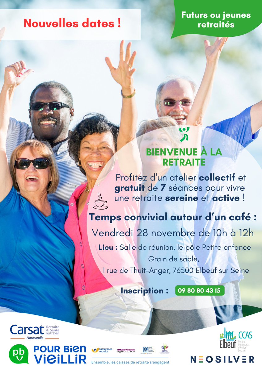 [#Seniors] La retraite approche à grands pas ?
Neosilver vous propose un atelier gratuit de 7 séances afin de mieux appréhender la retraite.
Sur inscription au 09 80 80 43 15.
➡ Vendredi 28 novembre de 10h à 12h au multi-accueil Le Grain de Sable (1 rue de Thuit-Anger)