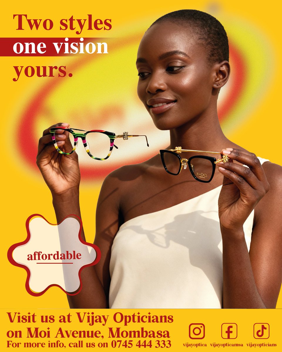 Two styles, one vision — yours. 👓

Bold or refined, find your perfect pair at Vijay Optica.

Because seeing clearly should always look this good. ✨

📍 Moi Avenue, Mombasa | 📞 0745 444 333
🌐 vijayoptica.com

#vijayoptica #vijayopticians #seeyourstyle #eyewearfashion