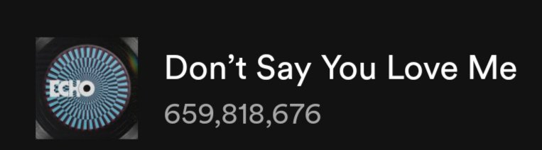 Don't Say You Love Me — Spotify Counter

11/14 — 3,092,064
11/15 — 3,084,733
11/16 — 3,004,598
11/17 — 3,141,311
11/18 — 3,049,809 (-91,502)🚨

Total: 659,818,676
