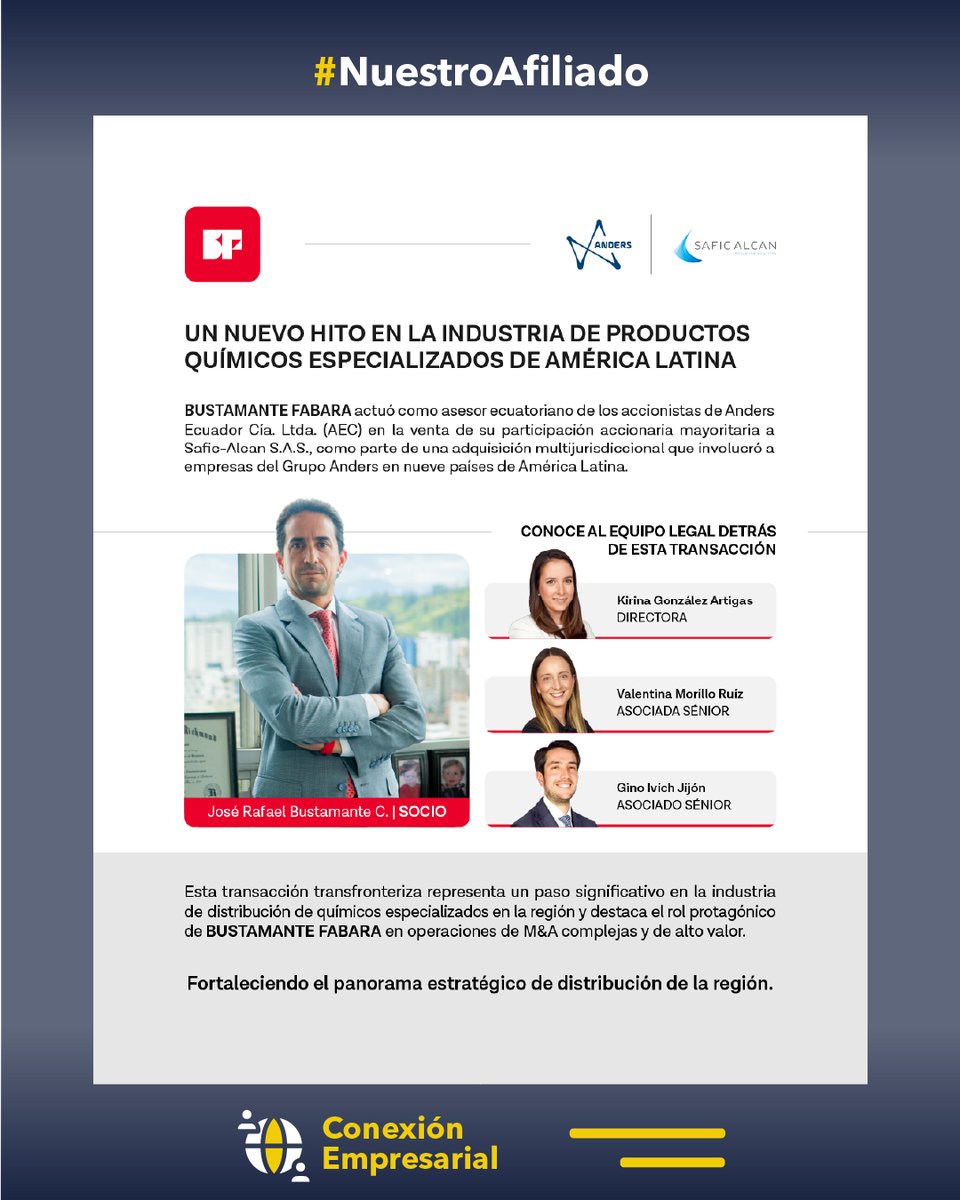 📷 Conexión Empresarial | CAMESPA Quito
Nos complace compartir que @BustamanteFabara ,firma afiliada a nuestra Cámara, asesoró a los accionistas de Anders Ecuador Cía. Ltda. en la venta del 70% de su participación mayoritaria a Safic-Alcan S.A.S.