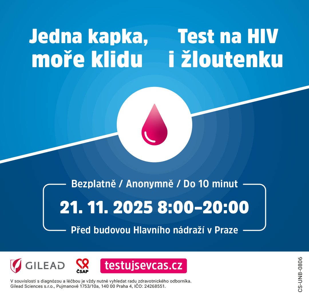 AIDS_pomoc's tweet photo. Jedna kapka, moře klidu.
Testovací den na #HIV a žloutenku B a C

- pátek 21. 11. 2025
- 8:00-20:00
- ve stanu před Hlavním nádražím v Praze

Společně s Gilead Sciences nabídneme testování a odborné poradenství. Neváhejte a přijďte nás navštívit!
Další informace naleznete v článku na stránce 
https://t.co/kb1iFyG9Kq

#aidspomoc #HBV #HCV