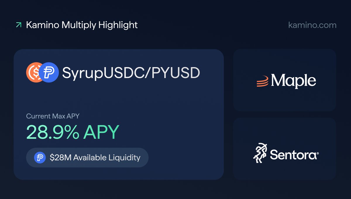 Kamino 的 SyrupUSDC/PYUSD Multiply 高亮，显示 28.9% APY