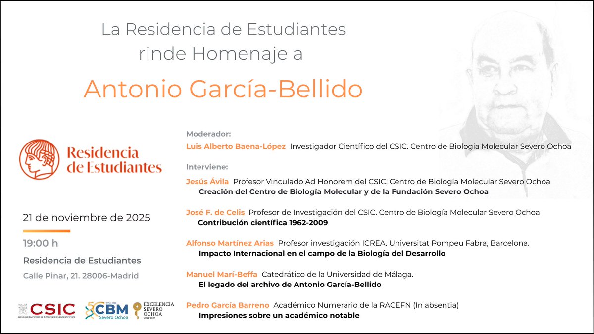 Este viernes a las 19:00h, la Residencia de Estudiantes y el CBM organizamos una sesión de homenaje a Antonio García-Bellido, con la participación de sus discípulos, amigos y colegas. Estáis todos invitados a venir.