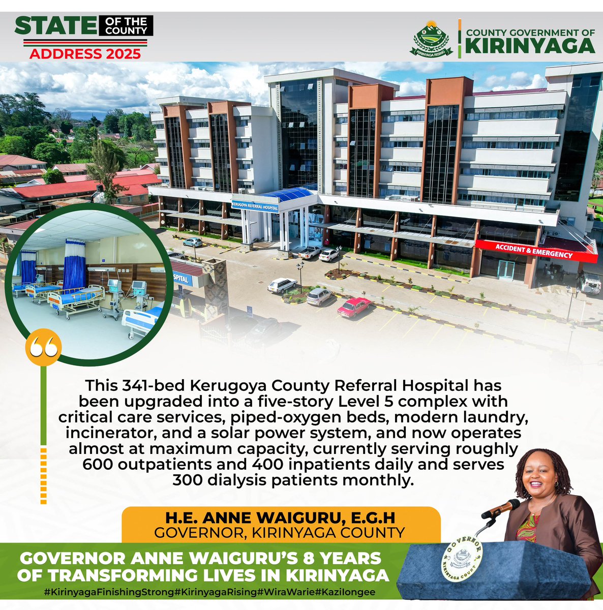 County_20's tweet photo. The 341-bed Kerugoya Level 5 Hospital continues to operate almost at full capacity, serving 600 outpatients and 400 inpatients daily, a milestone Governor @AnneWaiguru notes with pride. #WaiguruSOCA2025Health #WaiguruDelivers #KaziIongee #KirinyagaRising https://t.co/JYu91yeOR4