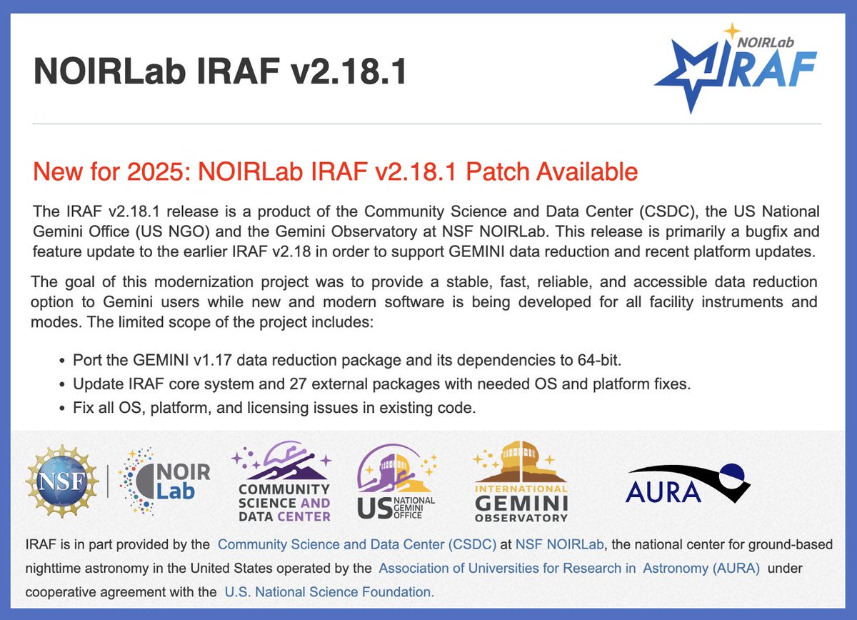 usngo's tweet image. An updated version of NOIRLab IRAF is available! Version 2.18.1 includes the latest version of the GEMINI (v1.17) package, along with several bug fixes and new installers. Check out the software and release notes on iraf.noirlab.edu! @NOIRLabAstro @irafnet @NOIRLabScience