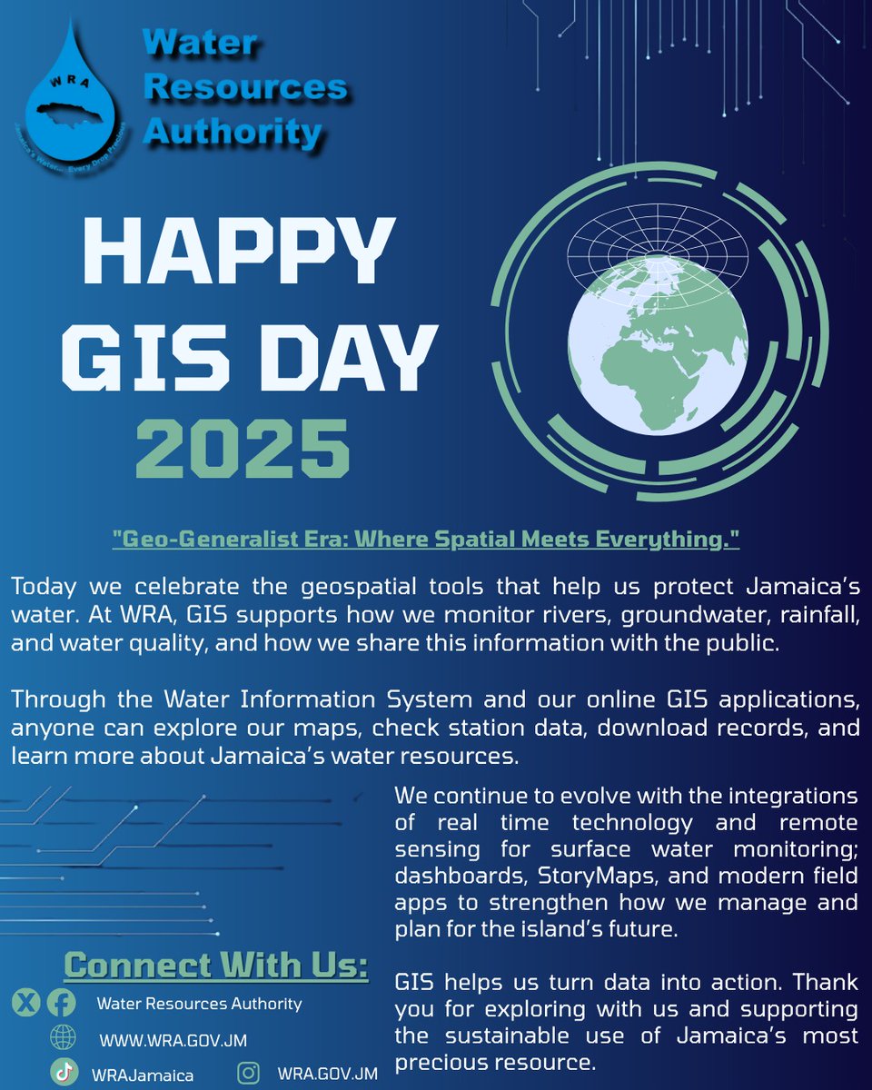 Happy GIS Day from the Water Resources Authority.

Today we celebrate the geospatial tools that help us protect Jamaica’s water and share vital data with the public.

#GISDay2025 #WaterResourcesAuthority #JamaicaGIS #GeoGeneralistEra