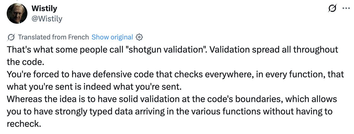housecor's tweet image. &quot;Shotgun validation&quot;. Love this term to describe what&apos;s wrong with frequent use of optional chaining. 

Shotgun validation creates ambiguity about the data&apos;s structure on a given line and leads to repeated validation logic.

Solution? Validate at the boundaries.