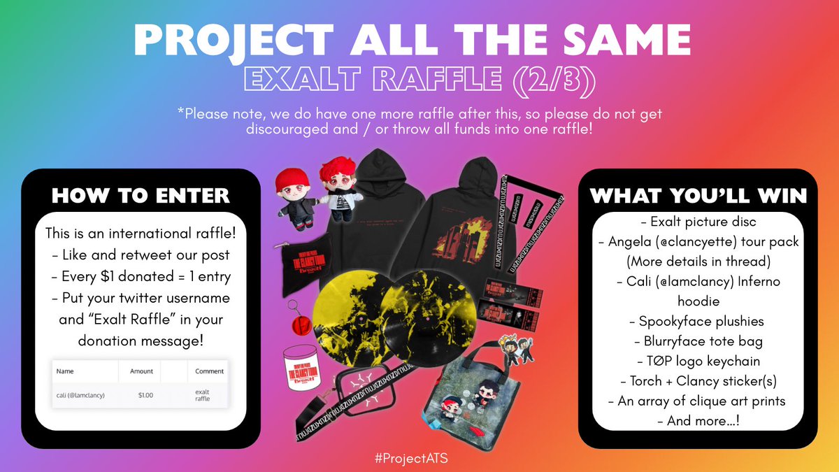 AllTheSame2025's tweet image. EXALT RAFFLE! 2/3. 
*Note, we do have one more raffle after this*

This is an international giveaway.

HOW TO ENTER:
- Every $1 donated = 1 entry
- Like and rt
- Please put your twitter @ and “exalt raffle” in your donation message! (see example)
- Reply with a screenshot