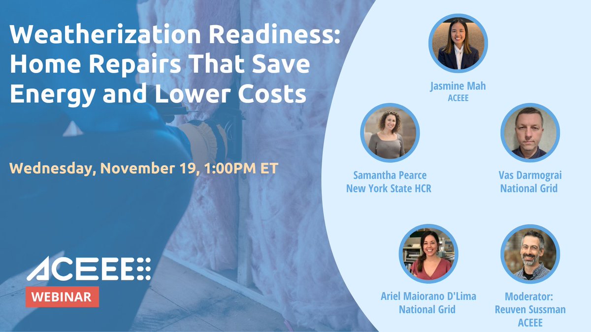 ACEEEdc's tweet image. There&apos;s still time to join us for our webinar exploring weatherization readiness and how it can help reduce bills and improve indoor air quality. 

Learn more and register ⤵️ 
us06web.zoom.us/webinar/regist…
