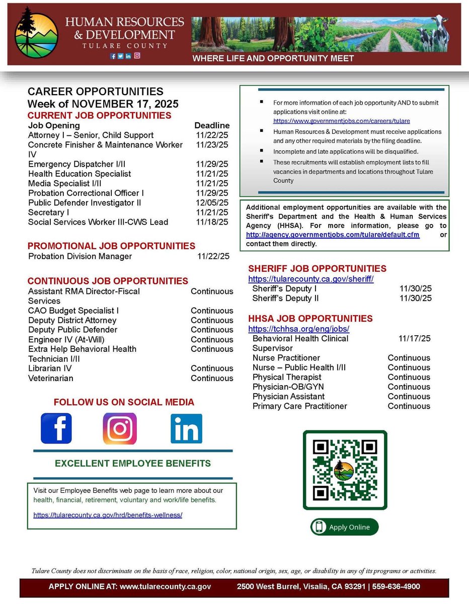 Looking for a new career opportunity? Tulare County has you covered.

Search openings now at governmentjobs.com/careers/TULARE
#TulareCounty #nowhiring #jobopenings #workhere