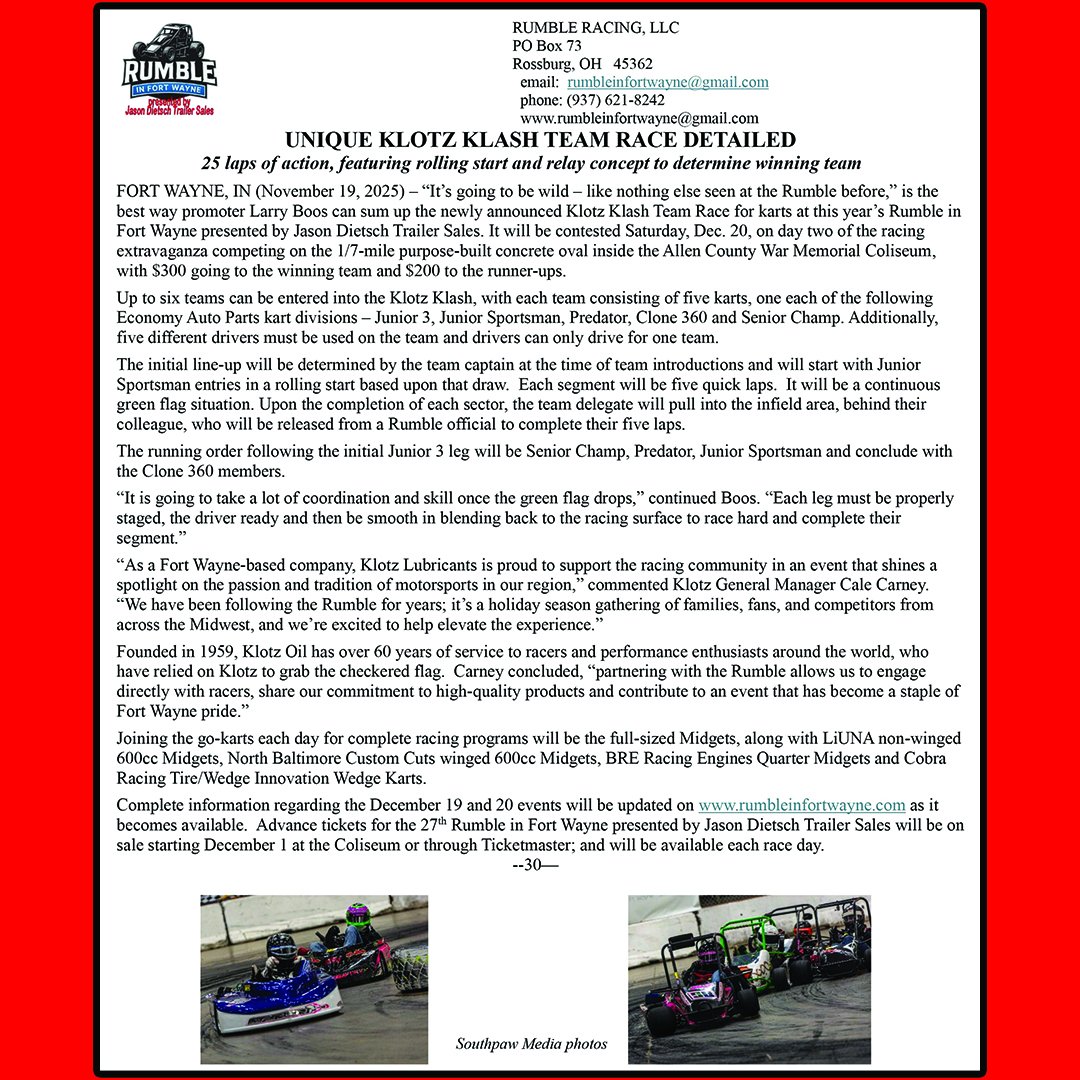 RUMBLEFORTWAYNE's tweet photo. Something new is being added to #rumble27 presented by Jason Dietsch Trailer Sales (Dec. 19/20) and it is going to be wild.....the team race concept is unique. #indoorracing #supportthesport https://t.co/mJchwtU9Ut https://t.co/xCCb2cA3jl