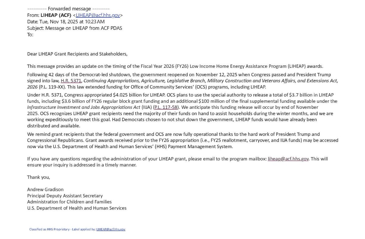 KeatonPeters's tweet image. SCOOP: @HHSGov says $3.7 billion in home heating/cooling assistance (LIHEAP) funds will be released by Nov 30. Typically, funds go out to states on Oct 1. This after the gov #shutdown and staffing cuts. Full story coming today for @StraightArrow__ 
#LIHEAP #energy #winterweather