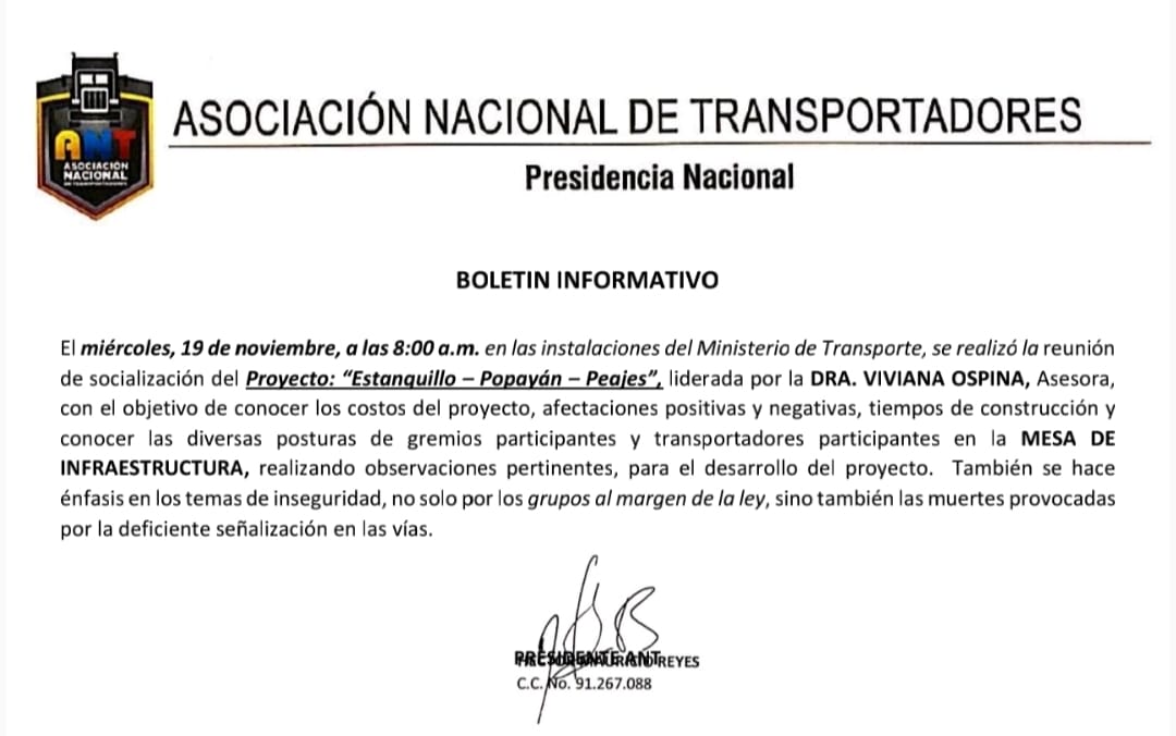 ‼️IMPORTANTE📷 Reunión y Socialización del Proyecto "Estaquillo-Popayán- Peajes", liderada por la Dra. Viviana Ospina, Viceministra de Transporte
<a href="/MinTransporteCo/">MinTransporte</a>
<a href="/ACC_camioneros/">ACC Camioneros (oficial)</a>
<a href="/HectorMaur1969/">Hector Mauricio Reyes</a>
<a href="/OCASBU/">Orlando Castellanos Bueno</a>
<a href="/marcosdaing/">Marcos  Tovar</a>
<a href="/renacercamion/">Renacer Camionero</a>
<a href="/fedetranscarga/">FEDETRANSCARGA</a>
<a href="/Oficial_ATC/">ATC Transportadores</a>