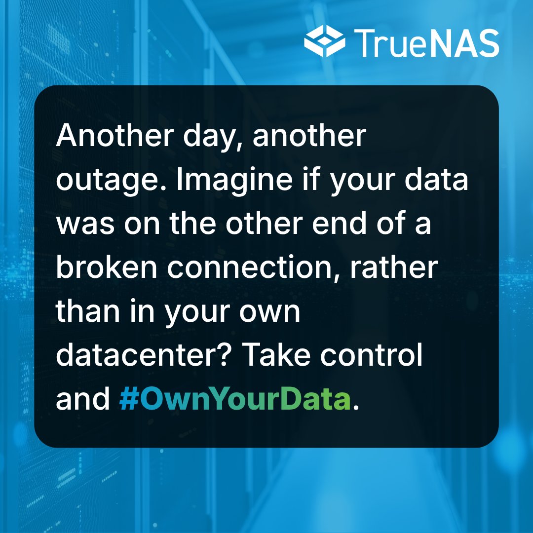 TrueNAS's tweet image. Outages happen — even to major infrastructure providers.

Organizations that keep their data in their own environments stay resilient when external services go down.

Control matters. #OwnYourData #cloudflare #yourdatayourrules #truenas #zfs
