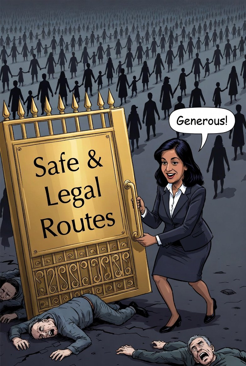 <a href="/ShabanaMahmood/">Shabana Mahmood MP</a> Shabana Mahmood's latest sleight of hand: "We're an open, tolerant, generous country" so we'll create shiny new "capped, safe and legal routes" for genuine refugees. 

Meaning the dinghies might slow, but the conveyor belt keeps rolling, just rebranded with bureaucratic glitter.