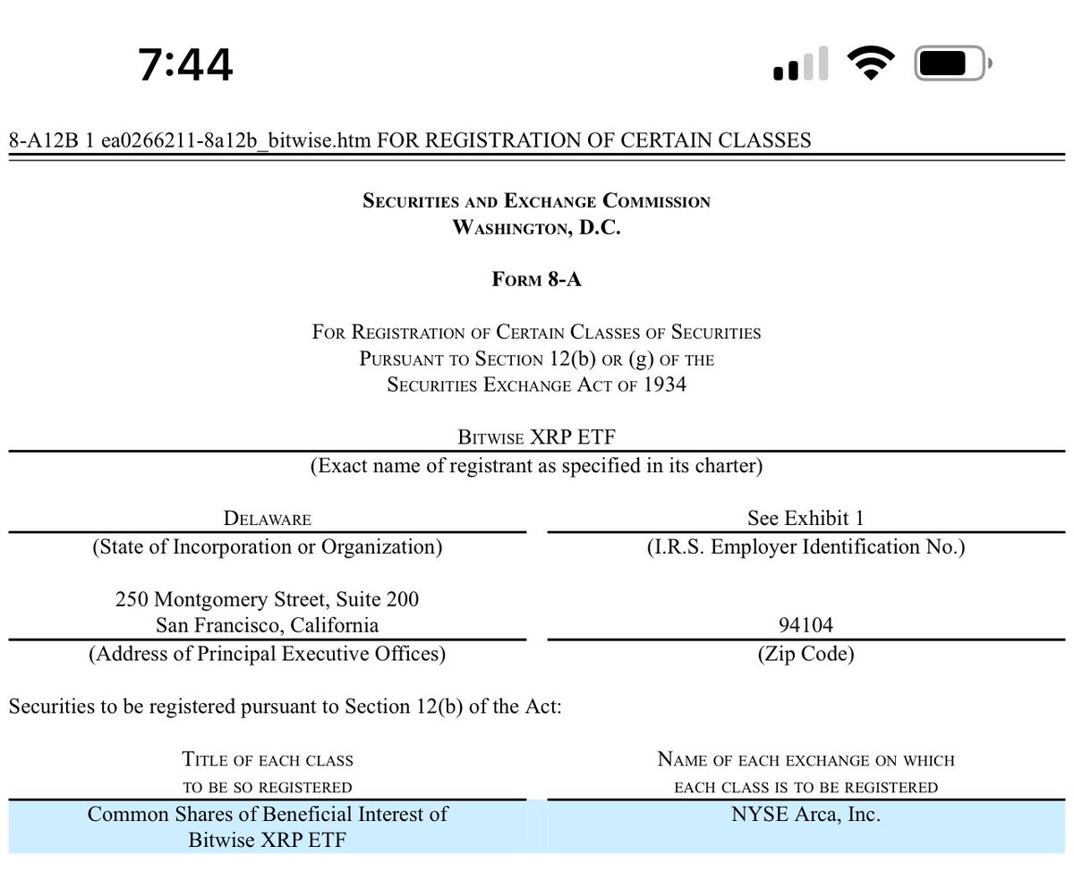 ZachRector7's tweet image. Bitwise 8-A has been filed for their spot XRP ETF. Ticker will be “XRP” &amp;amp; listed on NYSE. Coinbase will be the custodian. Expecting this one to go live tomorrow. NYSE should have an announcement out by end of day. 👍