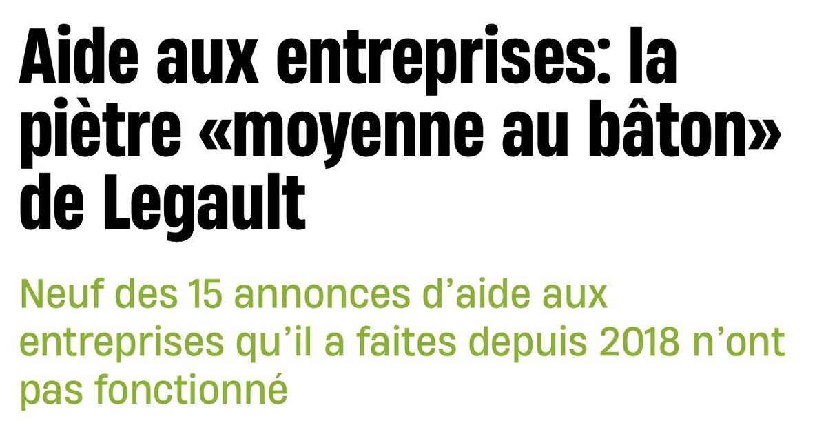 « En matière d’aide aux entreprises » le score de <a href="/francoislegault/">François Legault</a> est excellent.

Depuis 2018, ce sont 25 000 interventions qui ont été réalisées pour soutenir la création et le maintien d’emplois partout au #Québec.

L’article ne fait aucune mention du taux de succès de nos