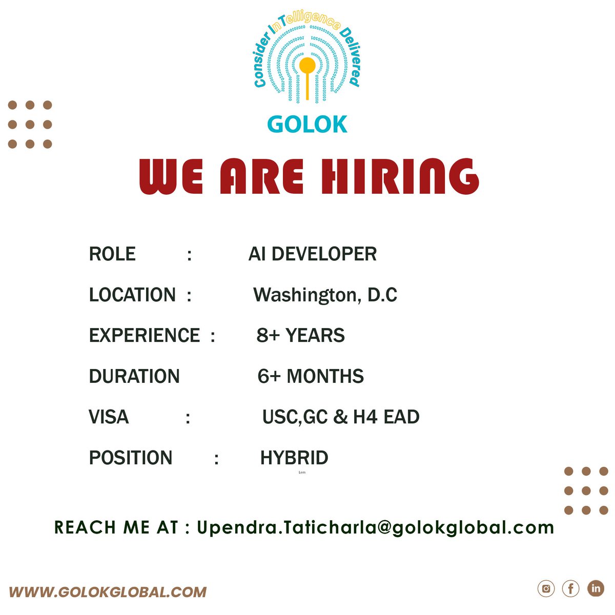 GolokGlobal's tweet image. 🚀 We’re Hiring!

Join our team as an AI Developer in Washington, D.C. 💻
📍 Location: Washington, D.C.
💼 Role: AI Developer
📩 Apply now: Upendra.Taticharla@golokglobal.com

#hiringnow #AIDeveloper #TechJobs #WashingtonDC #MachineLearning #artificialintelligence #JoinOurTeam