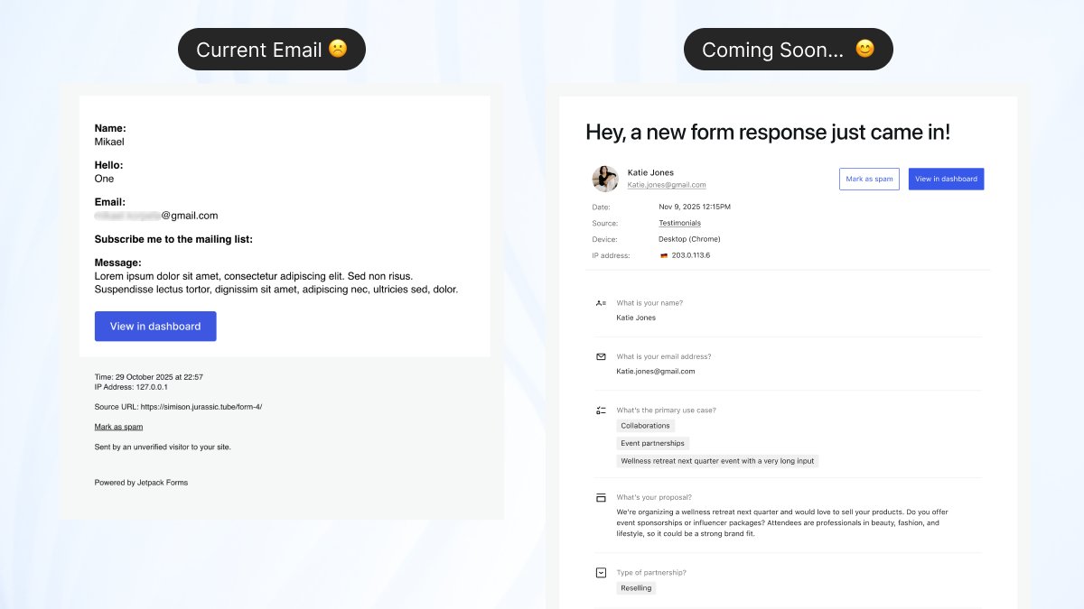 Another before-and-after from the <a href="/jetpack/">Jetpack</a> Forms revamp. The new notification emails feel way more visually pleasing and structured now.

Better hierarchy, easier to read, and predictable across every field type. Still deciding whether to keep the headline at the top and button