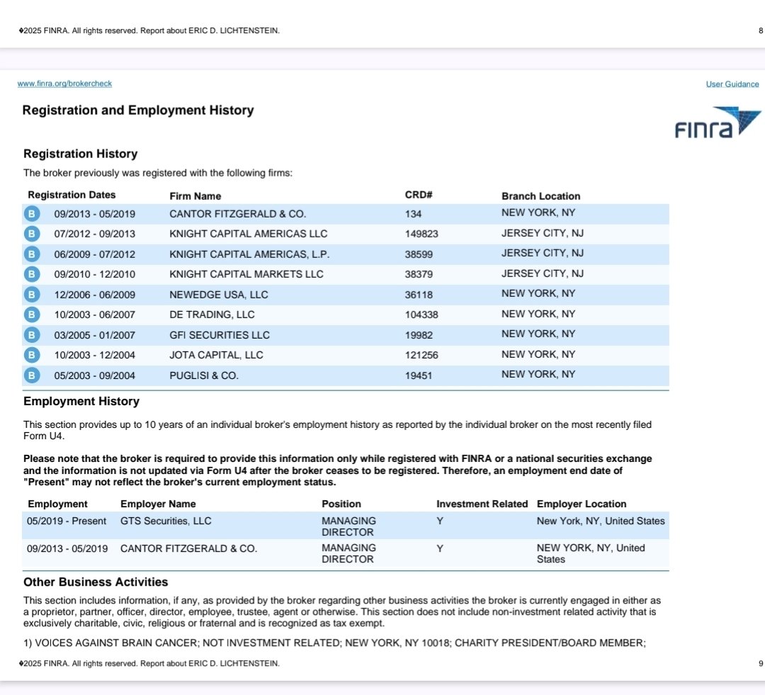 Is it a coincidence that Eric D. Lichtenstein appears to be involved with firms at the same time that they're caught up in Market Manipulation? $MMTLP <a href="/SECPaulSAtkins/">Paul Atkins</a> <a href="/HesterPeirce/">Hester Peirce</a>

GTS Securities, LLC (Current Employer, Position: Principal): His employment period of 05/2019 –