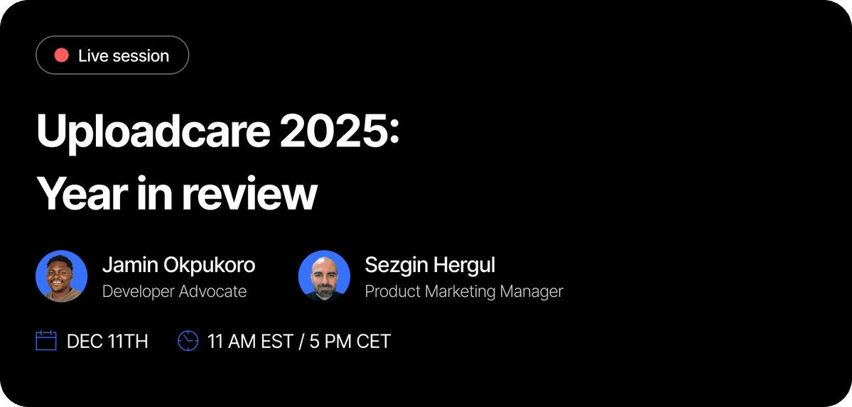 Uploadcare's tweet image. 2025 was a huge year for Uploadcare.

Faster video. Safer uploads. Better UX all around.

Join our final live session of the year for a quick tour of the updates that leveled up your media pipeline, and bring your questions for the live Q&amp;amp;A.

Sign up now: app.zuddl.com/uploadcare/p/a……