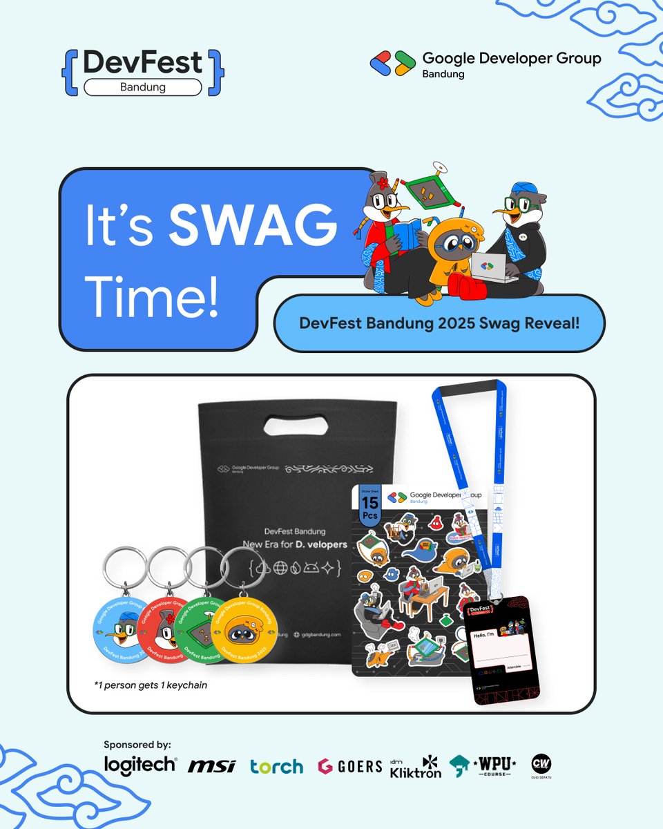 GDGBandung's tweet image. Ngoding boleh serius, tapi swag harus heboh 🤩
DevFest Bandung 2025 kasih kamu: swag bag, keychain lucu, stickers kece, sampai lanyard keren 🚀
Come for the tech, stay for the swag 🍵
Siapa cepat dia dapat, jangan sampai ketinggalan ya 👀
#DevFestBandung2025 #GoogleDevFest…