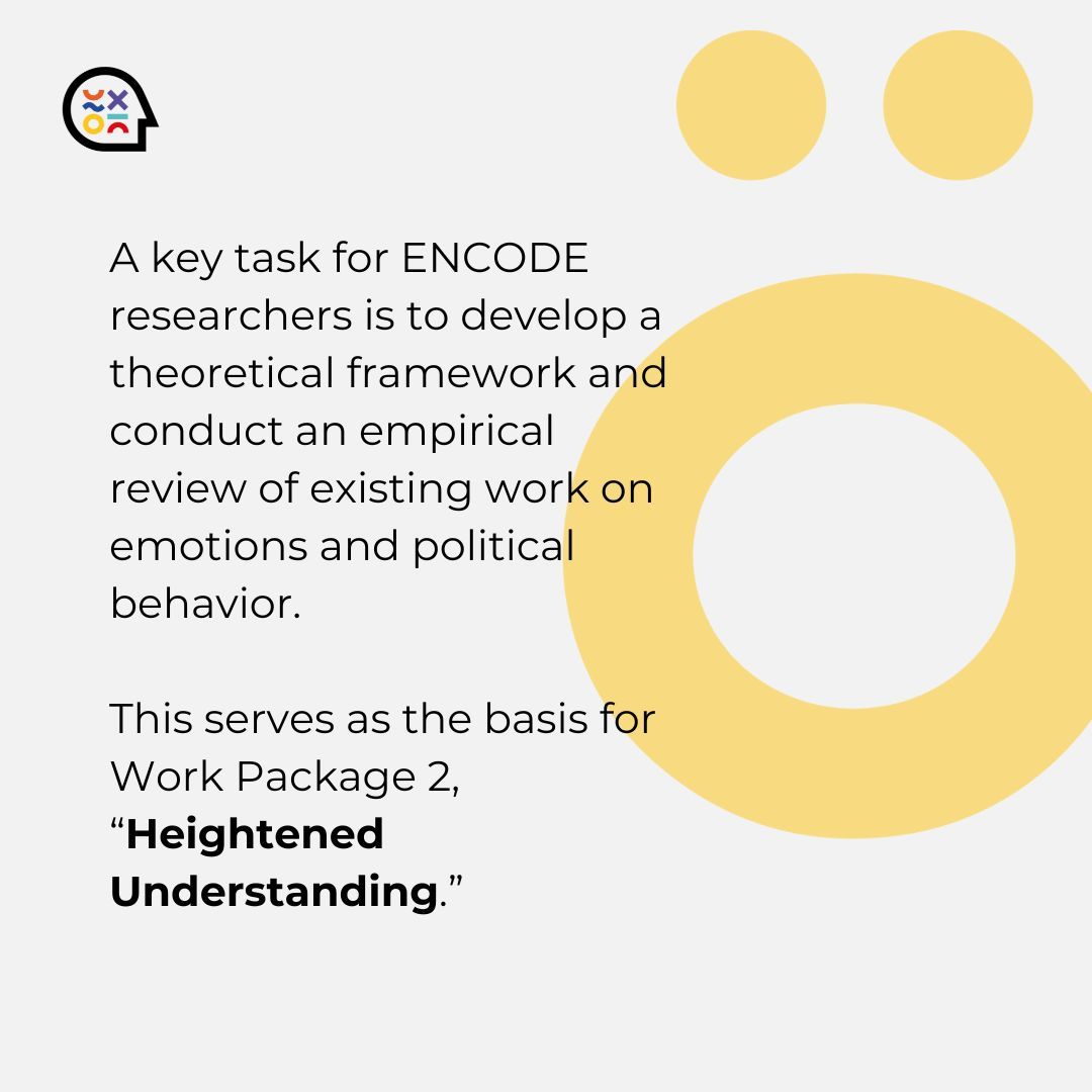 encodemotion's tweet image. ENCODE’s WP2 – Heightened Understanding is building the theoretical foundation for studying emotions in politics. 🧠💬
By reviewing key research, we aim to understand how emotions shape engagement, discourse, and democracy.
#ENCODE #EmotionsInPolitics #HorizonEurope #Democracy