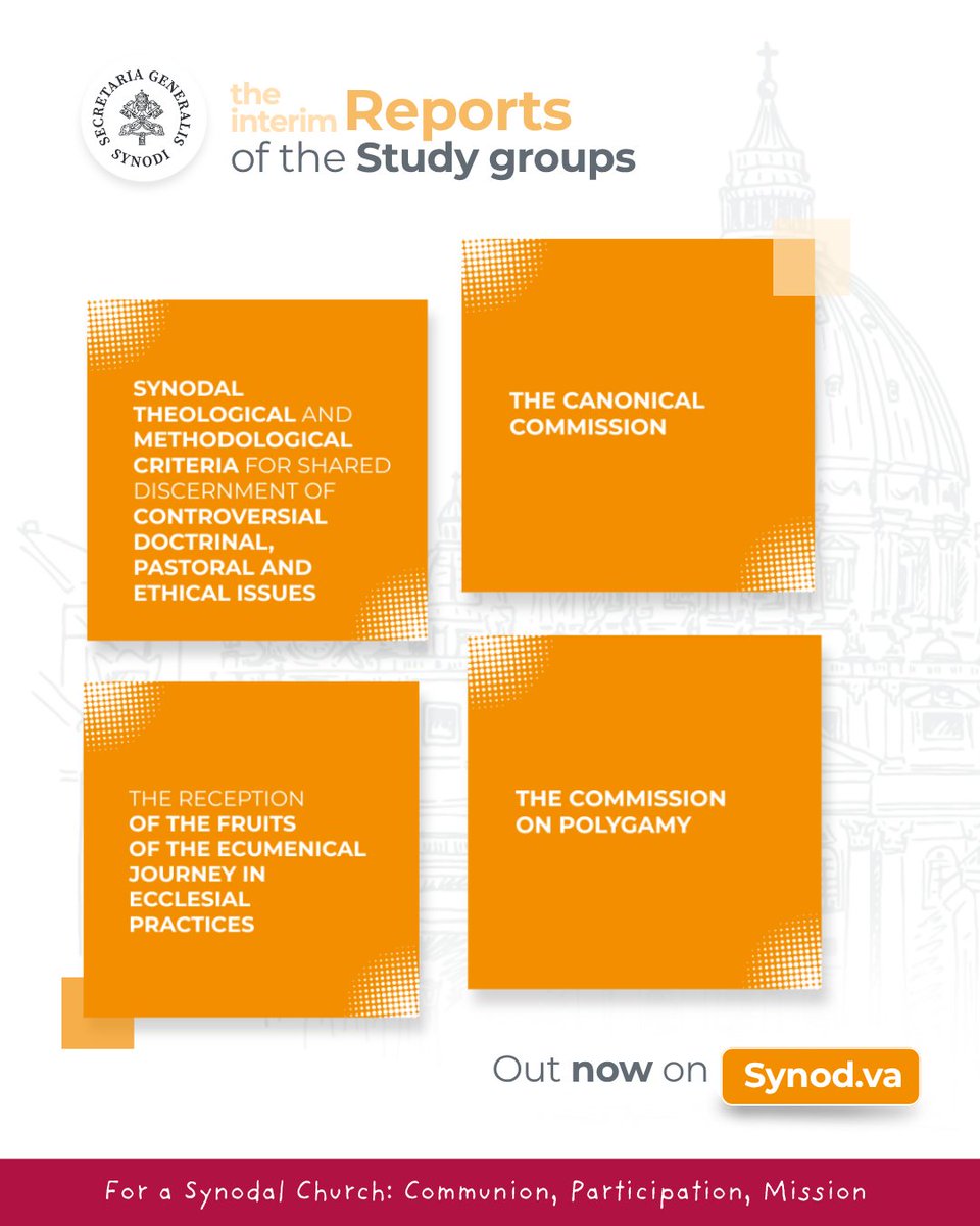Synod_va's tweet image. #studygroups The interim reports of the Synod Study Groups provide a first look at the reflections and insights gathered &amp;amp; organized around these above mentioned key themes guiding the Church’s #journey towards being #synodal and missionary.

synod.va/en/news/interi…