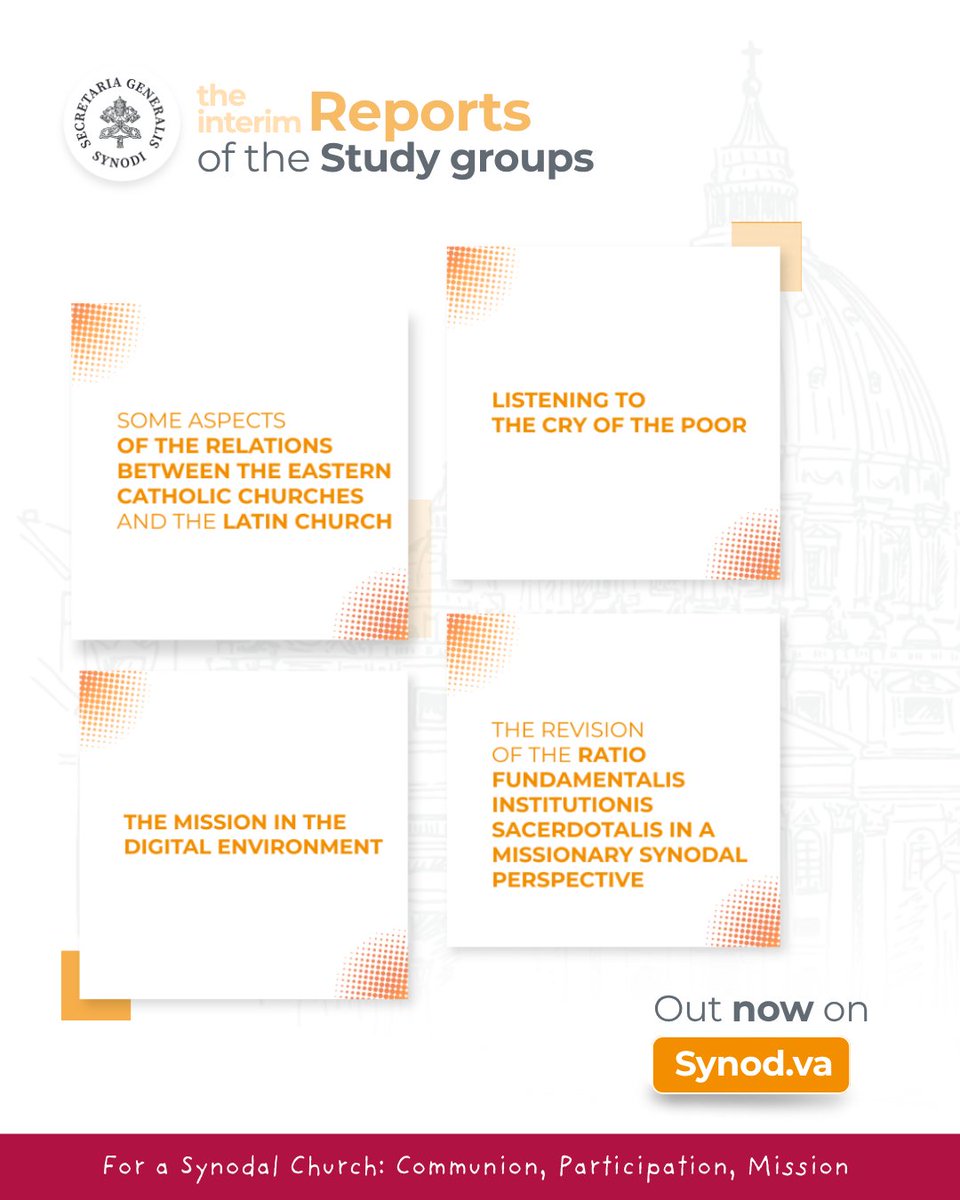 Synod_va's tweet image. #studygroups The interim reports of the Synod Study Groups provide a first look at the reflections and insights gathered &amp;amp; organized around these above mentioned key themes guiding the Church’s #journey towards being #synodal and missionary.

synod.va/en/news/interi…